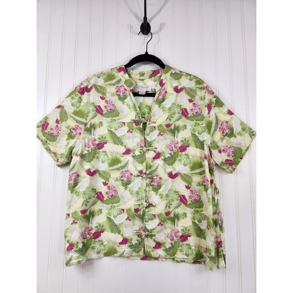 CJ Banks Tropical Floral Frog Closure Rayon Blouse Green Pink Large Size X